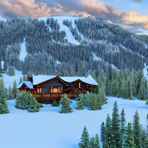 Image similar to montana alpine landscape with modern style mansions scattered on the mountainsides, photo realism, dramatic lighting, from a dream, high quality digital art, unreal engine