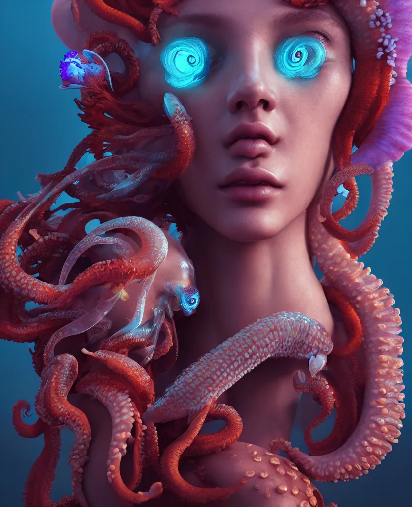 Prompt: goddess close - up portrait, ram skull, squid phoenix jellyfish, orchid, betta fish, bioluminiscent, intricate artwork by tooth wu and wlop and beeple. octane render, trending on artstation, greg rutkowski very coherent symmetrical artwork. cinematic, hyper realism, high detail, octane render, 8 k