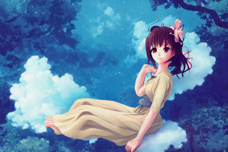 Image similar to a cute anime girl relaxing on a cloud by earle, eyvind, portrait,