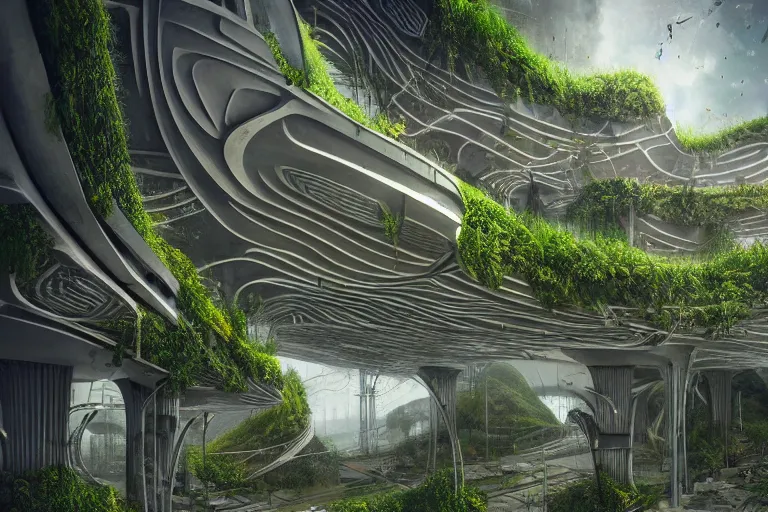 Image similar to futuristic foliage overgrowing detailed favela bunker hive, art nouveau environment, industrial plant, award winning art, epic dreamlike fantasy landscape, ultra realistic,