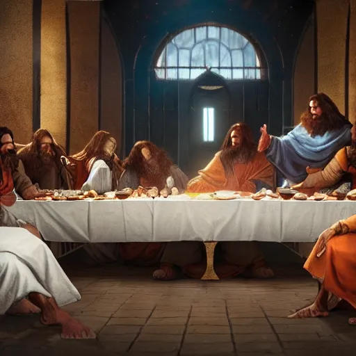 Prompt: professional physically based octane render of Wolverine as Jesus at the Last Supper, character concept art, epic composition, style of Marvel, 8k comic art, intricately detailed