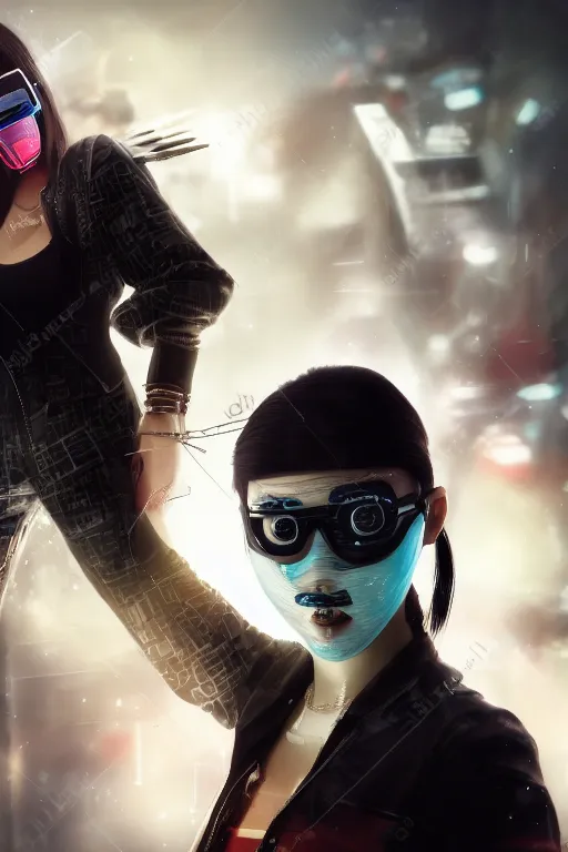 Image similar to Asian cyberpunk young woman wearing a face mask and wielding a sword, photorealistic, hyperdetailed