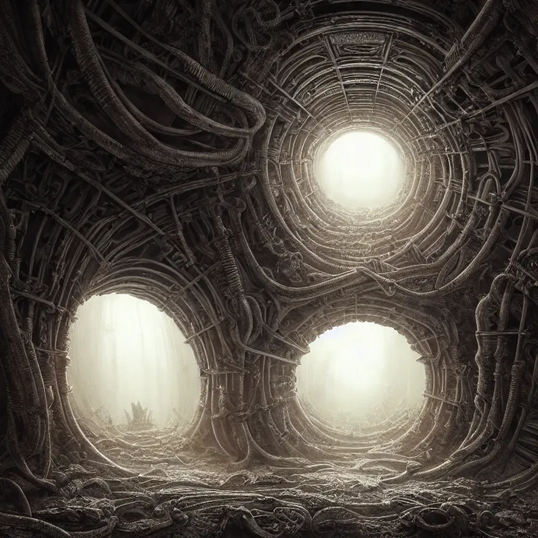 Prompt: symmetrical tunnel inside abandoned ancient alien spaceship covered with ribbed spinal tubes, surreal abandoned buildings, dream-like heavy atmosphere, baroque painting, beautiful detailed intricate insanely detailed octane render trending on Artstation, 8K artistic photography, photorealistic, volumetric cinematic light, chiaroscuro, Raphael, Caravaggio, Beksinski, Giger