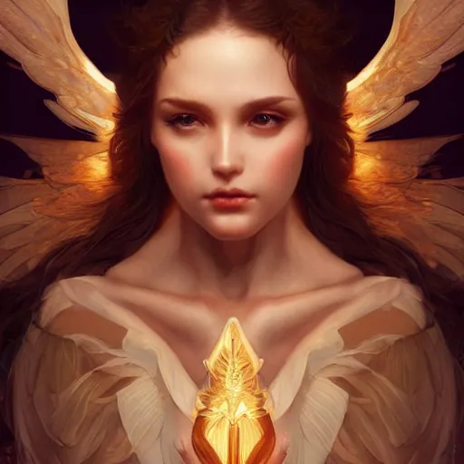 Prompt: Beautiful angel, fantasy magic, dramatic lighting, golden hour, close to night, intricate, elegant, sharp focus, illustration, highly detailed, digital painting, concept art, matte, art by WLOP and Artgerm and Greg Rutkowski and Alphonse Mucha, masterpiece