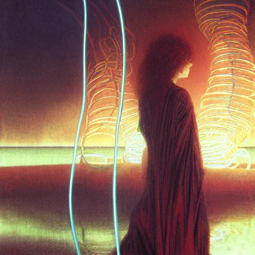 Image similar to liminal!!, portrait, shore of the lake, woman, wrapped around by glowing tubes and cables, short black curly hair, glowing red, by edgar maxence and ross tran, zdzisław beksinski, and michael whelan, distant, gustav dore, h. r. giger, 8 k, octane render