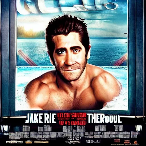 Image similar to a movie poster of Jake Gyllenhaal as patrick Swayze sitting in a hot tub in the movie Road House