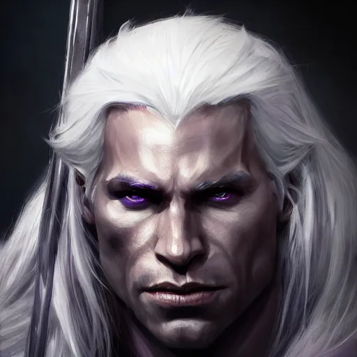 Prompt: realistic portrait of drizzt du orden by r. a. salvatore, dark elf with purple eyes and white hair, trending on artstation, low angle oil painting and composition laws, cinematic lighting, hyperdetailed, cgsociety, 8 k