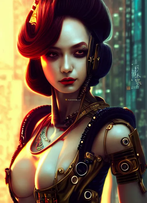 Image similar to soft lustrous ebony geisha seductive raver gutter punk steampunk cyborg, golden ratio, details, scifi, fantasy, cyberpunk city, intricate, decadent, highly detailed, octane render, digital painting, artstation, concept art, sharp focus, illustration, art by artgerm, loish, wlop