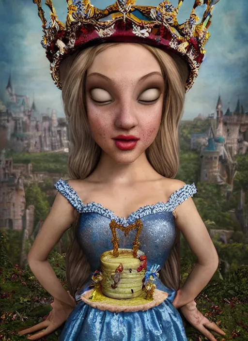 Image similar to cartoon closeup medieval robert crumb face portrait of a fairytale princess wearing a crown eating cakes in the castle, bikini, depth of field, zeiss lens, detailed and intricate environment, fashion photoshoot by nicoletta ceccoli, mark ryden, lostfish, breathtaking, 8 k resolution, extremely detailed, beautiful, establishing shot, artistic, hyperrealistic, octane render