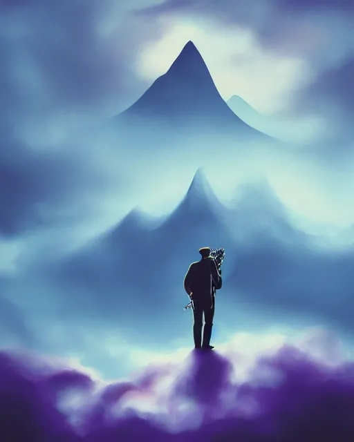 Image similar to A figure of a man with a guitar obscured by clouds and mist. The clouds look like mountains high in the sky, the clouds are a deep blue purple color with the sun blazing behind the clouds, deep focus, D&D, fantasy, intricate, elegant, highly detailed, digital painting, artstation, concept art, matte, sharp focus, illustration, hearthstone, art by Artgerm and Greg Rutkowski and Alphonse Mucha