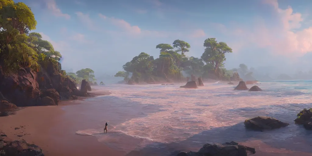 Image similar to illustration of the shore on a beautiful morning, Pixar and Disney animation, sharp, Rendered in Unreal Engine 5, art by Greg Rutkowski, Bloom, dramatic lighting