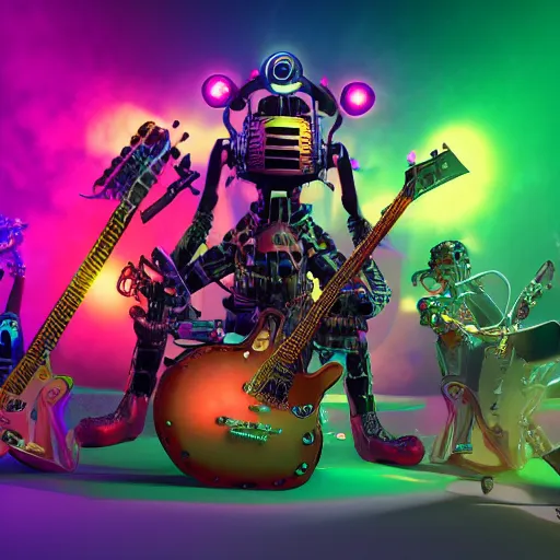 Image similar to album art, rockband with 3 steampunk robots playing guitar and drums, the letters robos rock, 8 k, flourescent colors, halluzinogenic, multicolored, insanely integrate, front shot, 3 d render, octane