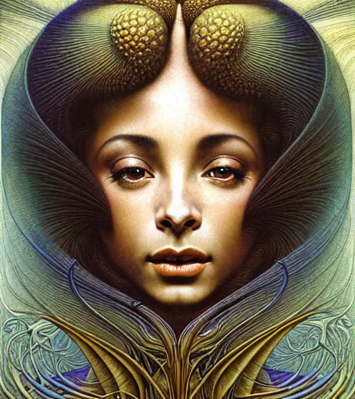 Image similar to detailed realistic beautiful young sade adu face portrait by jean delville, gustave dore and marco mazzoni, art nouveau, symbolist, visionary, baroque, intricate biomechanical fractal. horizontal symmetry by zdzisław beksinski, iris van herpen, raymond swanland and alphonse mucha. highly detailed, hyper - real, beautiful