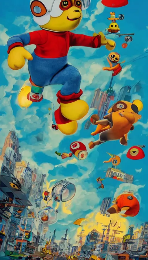 Image similar to giant pororo attacking city, flying socks, 1 9 5 0 s science fiction poster, retrofuturism, atompunk, behance, trending on artstation