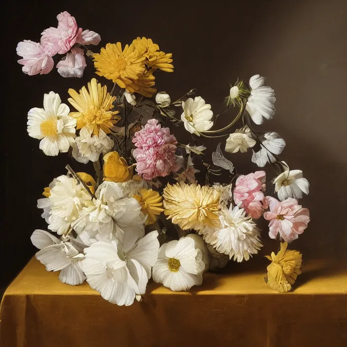 Image similar to still life painting of a beautiful bouquet of flowers by pieter claesz, oil on canvas, strong lighting, highly detailed, hyper realism, golden hour, god rays, hd, 4 k