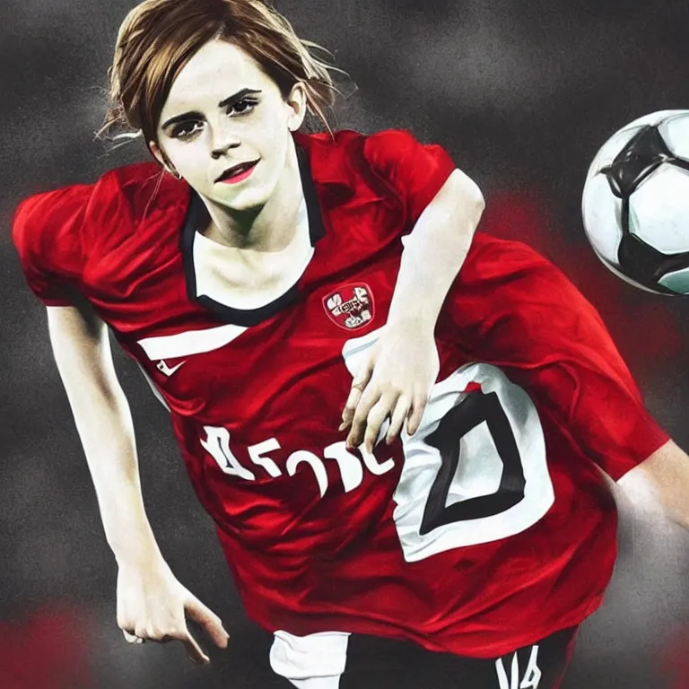 Image similar to emma watson as a lokomotiv football player, portrait, hyper realistic, highly detailed