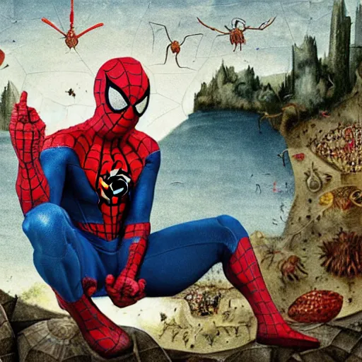 Prompt: spider - man in the garden of earthly delights by bosch.