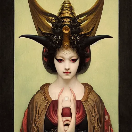 Prompt: front symmetric face of demon marble statue in japanese costume, victorian head dress, by jan van eyck, tom bagshaw, jean delville, william bouguereau, albrecht durer, symbolist painting, mysterious mood