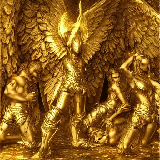 Prompt: fallen angels in golden armour ( gustav dore, artstation, deviantart )