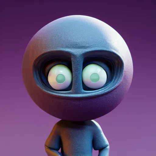 Image similar to photo of a comically tiny clay model of character with large spherical purple head and large childlike eyes with comically tiny body and spindly limbs leans close to the camera, fish eye lens, 4 k, hyper realistic, hyper detailed face, octane render, comedic, cute