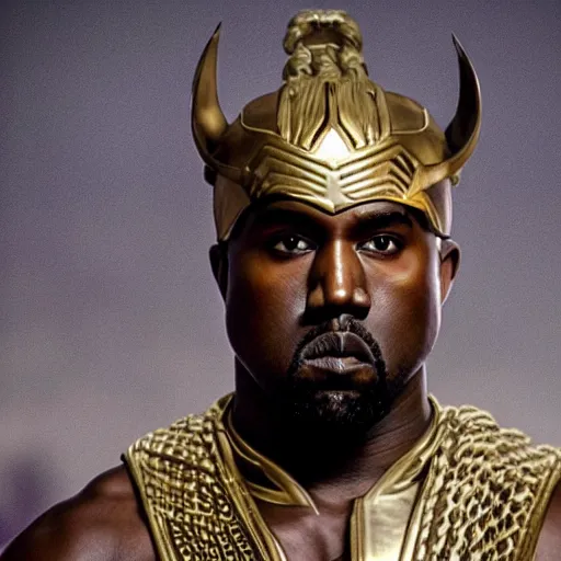 Image similar to kanye west as zeus!!!, god of thunder, greek god, white robe, thunderbolt, in mortal kombat, mythology, fantasy, detailed face, splash art, movie still, cinematic lighting, dramatic, octane render, long lens, shallow depth of field, bokeh, anamorphic lens flare, 8 k, hyper detailed, 3 5 mm film grain