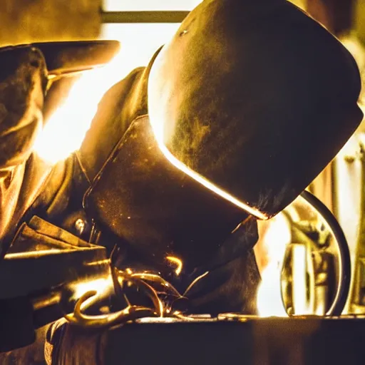 Image similar to a polaroid of a person welding, cinematic atmosphere