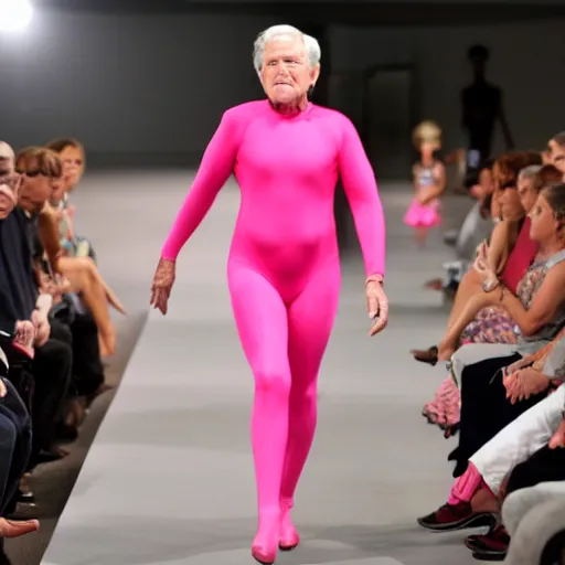 Prompt: cinematic shot of george bush wearing a pink unitard walking down a runway at a fashion show, 8 k, very detailed, very intricate,