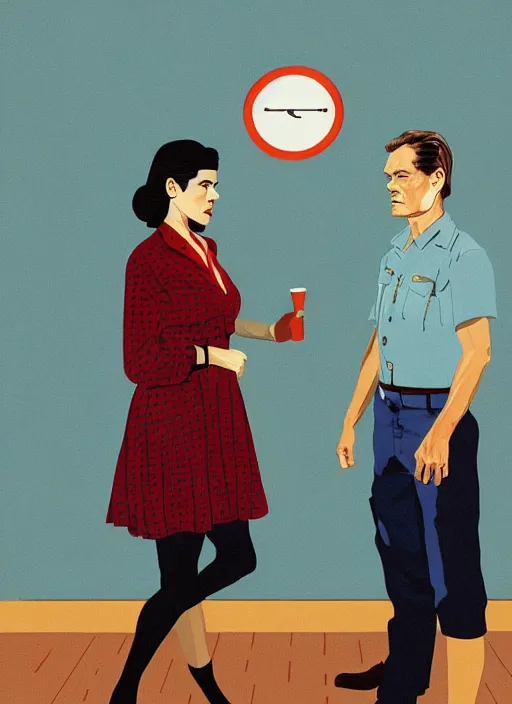 Prompt: Twin Peaks art, of Michael Shannon dressed as mechanic talking to Jennifer Connelly wearing light blue diner waitress dress, poster artwork by Bob Larkin, from scene from Twin Peaks, simple illustration, domestic, nostalgic, from scene from Twin Peaks, clean, New Yorker magazine cover