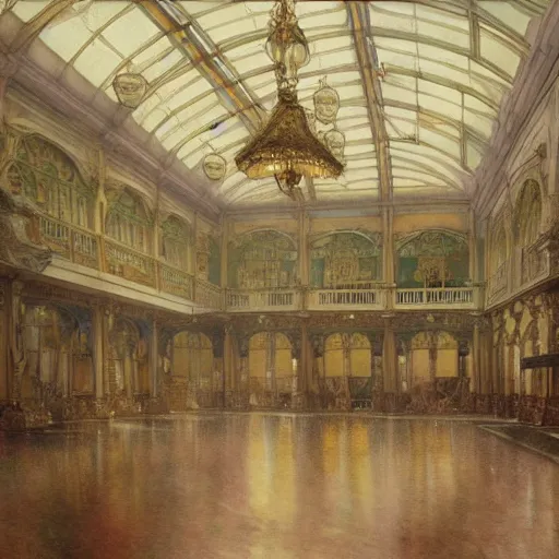 Image similar to a beautifull intricate watercolour painting of a ballroom, reflexions, verry high details by william turner art, greg rutkowski and alphonse mucha, trending on artstation, very very detailed, masterpiece, muted colors