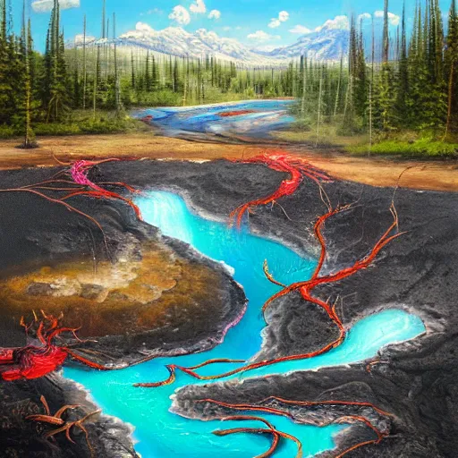 Image similar to highly detailed oil painting of a black dragon in the middle of a colorful hotspring at yellowstone national park, featured on artstation