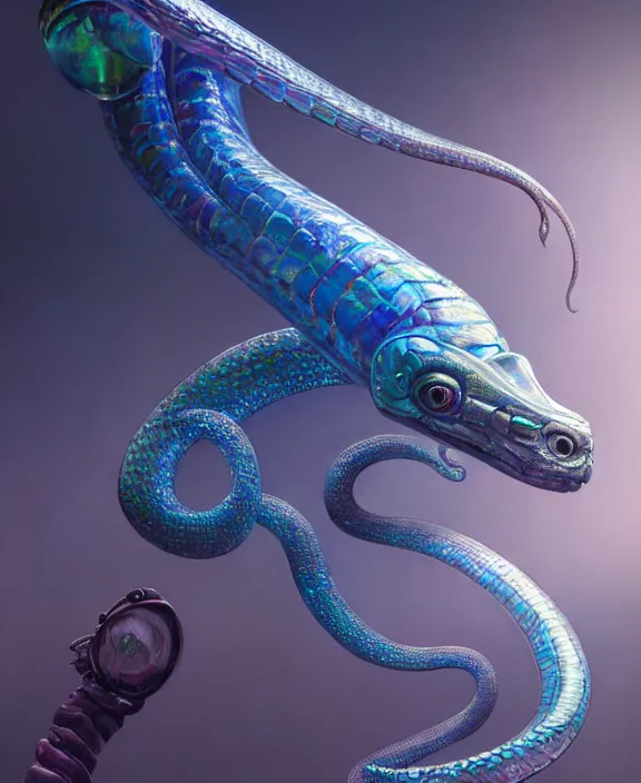Image similar to intricate opalescent transparent portrait of a disturbing beautiful alien snake creature, mottling coloring, adorable, childlike, medical equipment hospital environment, ultra realistic, concept art, art nouveau, photorealistic, octane render, 8 k, unreal engine. art by christopher marley and artgerm and greg rutkowski and alphonse mucha
