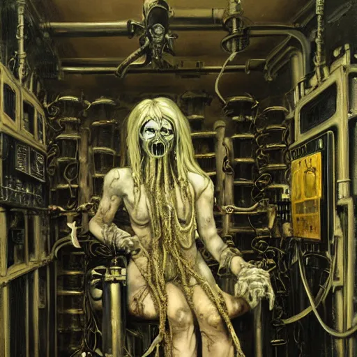 Image similar to horrorpunk interior of pristine steampunk asylum laboratory testing chamber containing a chained mutant cyborg nicola samori hr giger william-adolphe borguereau viktor vasnetsov charlie bowater acrylic painting