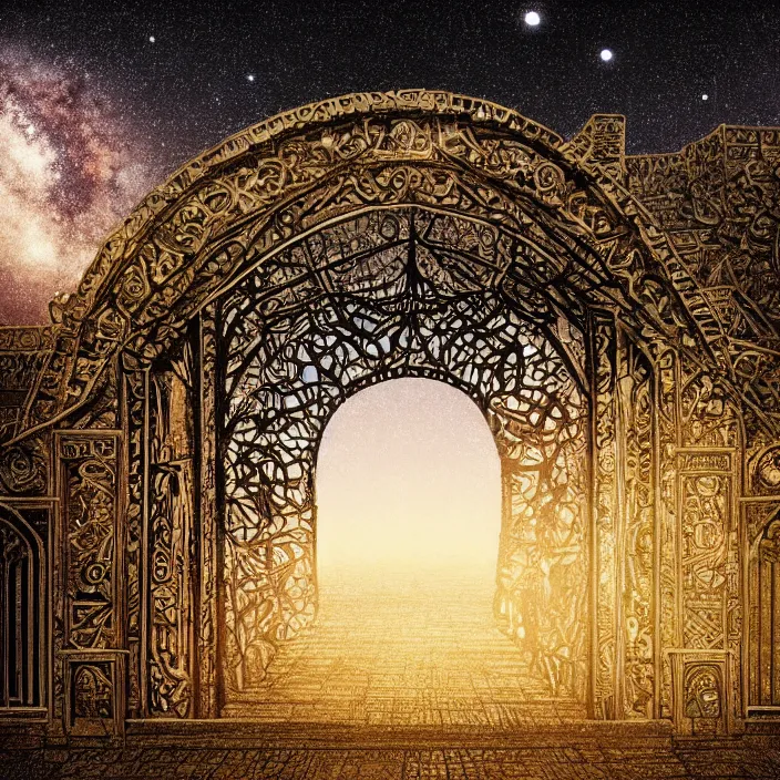 Prompt: gazing through a black gate to the void, clear night sky, intricate high detail masterpiece, hd