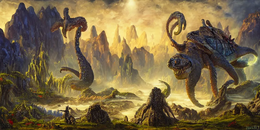 Image similar to fantasy oil painting, great leviathan, cybernetic turtle cephalopod terrapin reptilian pachyderm squid, bella hadid, hybrid, milla jovovich, anubis, epic natural light, lush plants flowers, spectacular mountains, bright clouds, luminous sky, outer worlds, golden hour, michael cheval, edward hopper, michael whelan, vray, hd