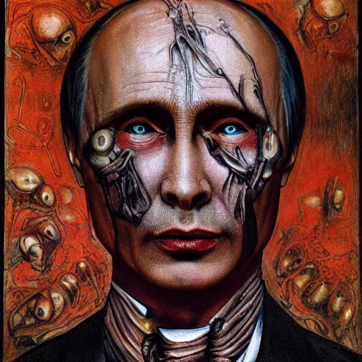 Image similar to Bodyhorror portrait by H.R.Giger of Vladimir Putin who became a degenerate horror Abomination, photo-realistic, color image, 2K, highly detailed