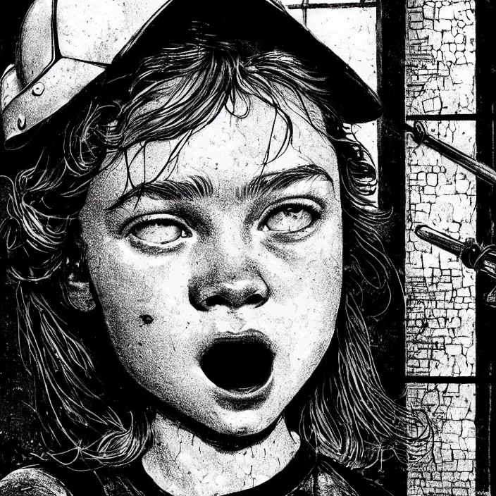 Image similar to extreme close - up on sadie sink as a miner : eating. background : black tiles on walls. black and white, pencil and ink. by gabriel hardman, joe alves, chris bonura. cinematic atmosphere, detailed and intricate, perfect anatomy