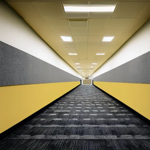 Prompt: endless maze of corridors, wet gray carpet, light yellow wallpaper, office ceiling