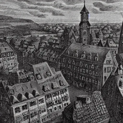 Image similar to dark fantasy, 17th century German city, dark stone, rain, view from above, hyper-detailed