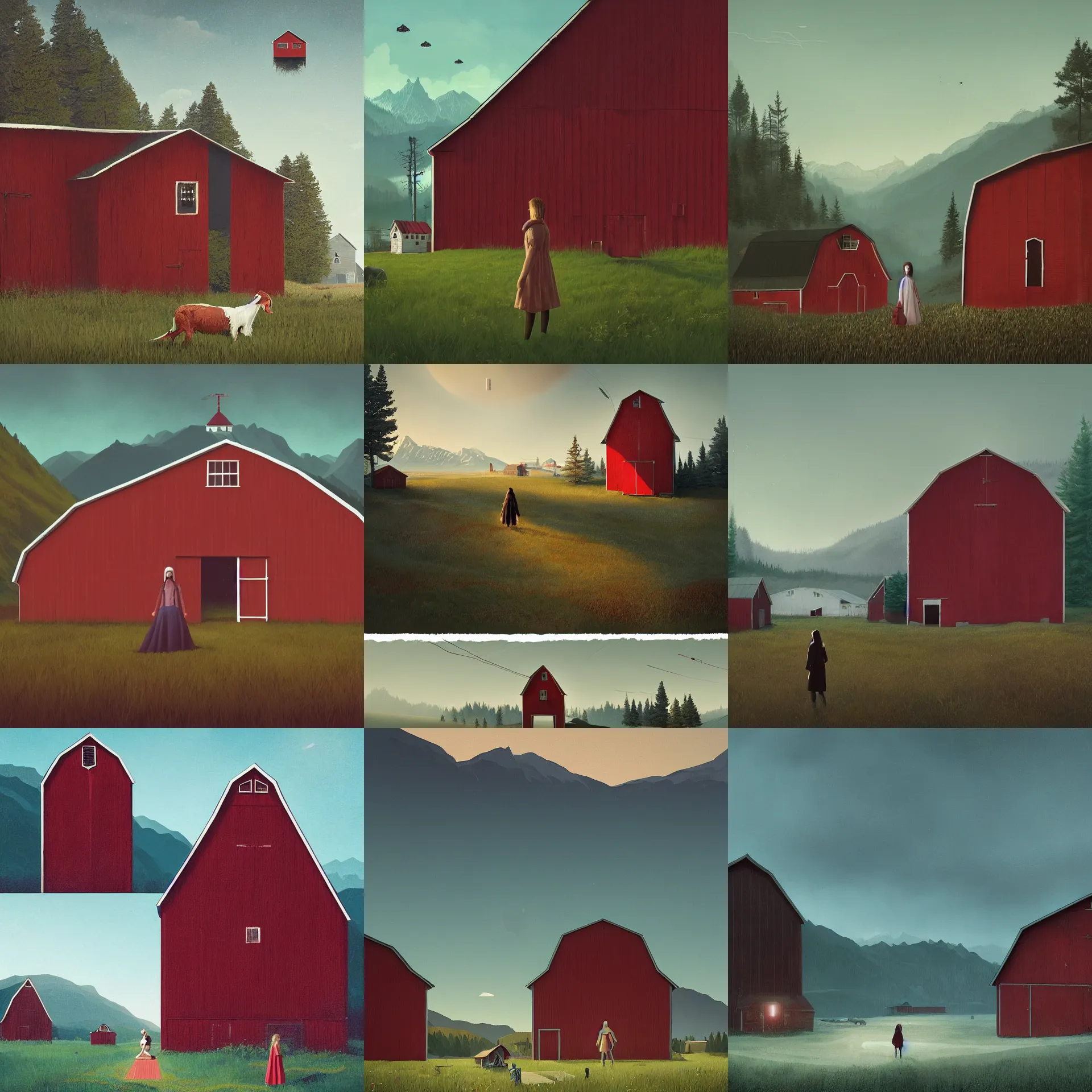 Prompt: simon stalenhag. composition : long shot. style : digital art ; mysterious ; 4 k. scenery : a sunny fjord with a lone gabled roof red barn. subject : a young woman with long black hair wearing a white dress. action : the woman is hiding inside the barn.