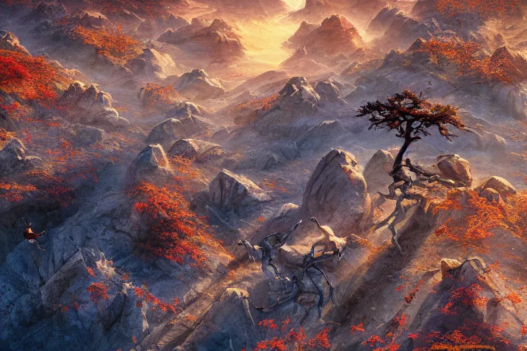 Prompt: high aerial shot, cinematic fantasy painting, dungeons and dragons, barren dry land, desert valley of bones, a single autumn maple bonsai, with sunset lighting ominous shadows by jessica rossier and brian froud