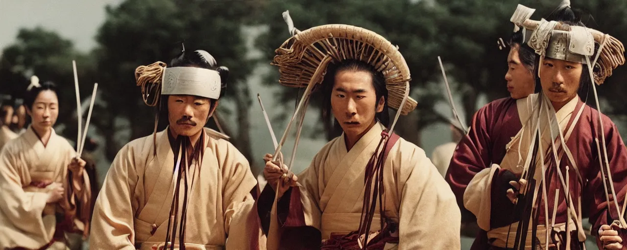 Image similar to 1 8 0 0 s japanese samurai with swords made of! spaghetti!, ultra - realistic faces, fine detail, canon 5 0 mm, wes anderson, kodachrome, retro