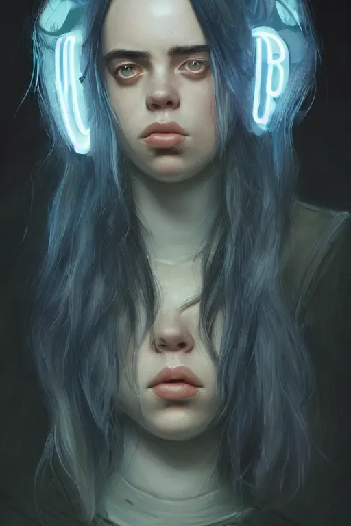 Prompt: portrait of a Billie eilish with a scaly skin and biotechnical parts and neon light by Artgerm and Greg Rutkowski , digital painting, highly detailed, trending on artstation