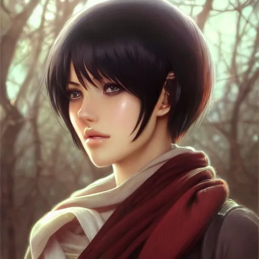 Image similar to mikasa ackerman, bokeh, beautiful face!!!!, 2 7 years old, cg animation, lifelike, animated, realistic, character select portrait, by artgerm, greg rutkowski, alphonse mucha, 3 d