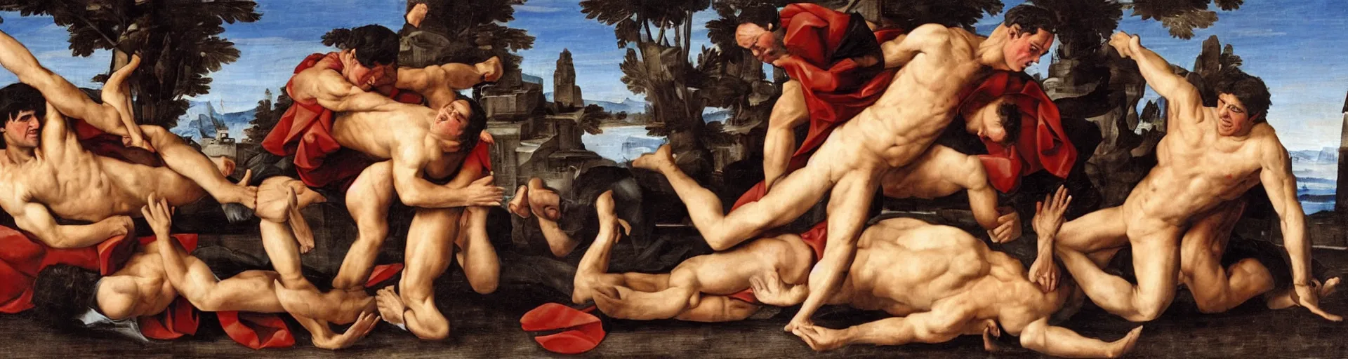 Prompt: jay leno and tom cruise doing greco roman wrestling, renaissance style painting,
