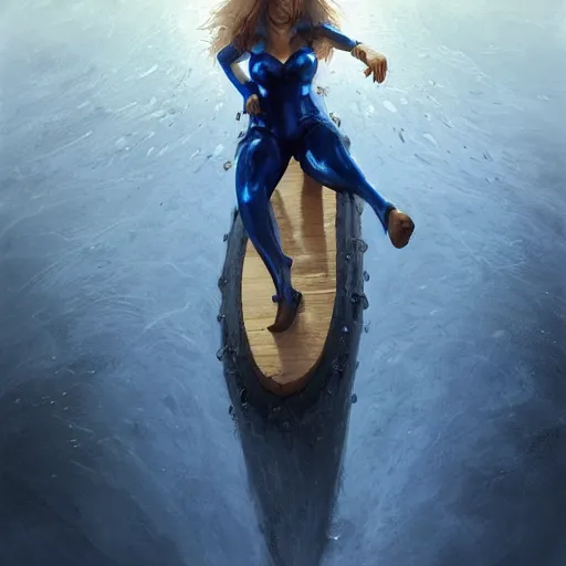 Image similar to concept art of a woman on a wood board suspended around a slick tyre in saint - martin lagoon, by aenaluck, artgerm and roberto ferri and greg rutkowski, blue and white tones, digital painting, artstation, concept art, smooth, sharp foccus ilustration hq - h 7 6 8