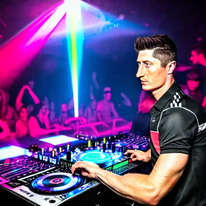 Image similar to robert lewandowski as a dj in the club, photorealiscic face, darc bacgroud, lasers