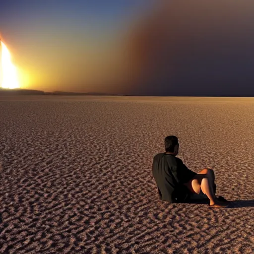 Prompt: guy sitting on the desert sand watching a nuclear explosion go off on the horizon, foggy
