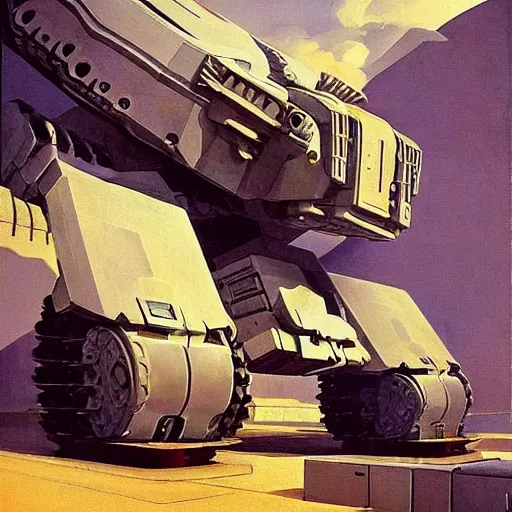 Image similar to a giant tank bot. science fiction. cinematic sci - fi scene. symmetry. accurate anatomy. science fiction theme. brutalism. intricate detail. epic. retrofuturism. surrealism. intimidating. retrofuturism. art by john singer sargent - akira toriyama - keith parkinson - joaquin sorolla - edward hopper - kev walker