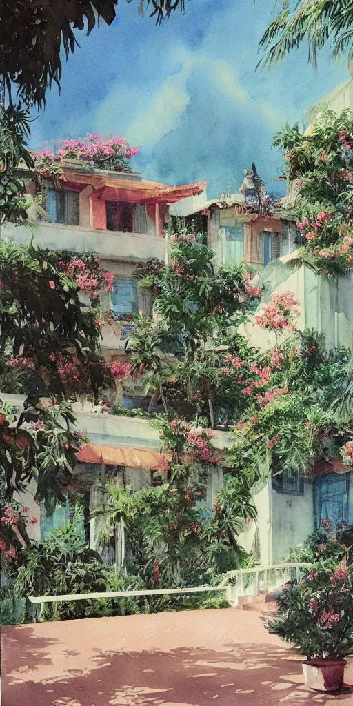 Prompt: watercolor of art deco house in portofino, simple postcard, smooth, painting by ruan jia and mandy jurgens and artgerm and wayne barlowe and greg rutkowski and zdislav beksinski, marittime pines, garden with flowers, simple spanish architecture, clear sky in background