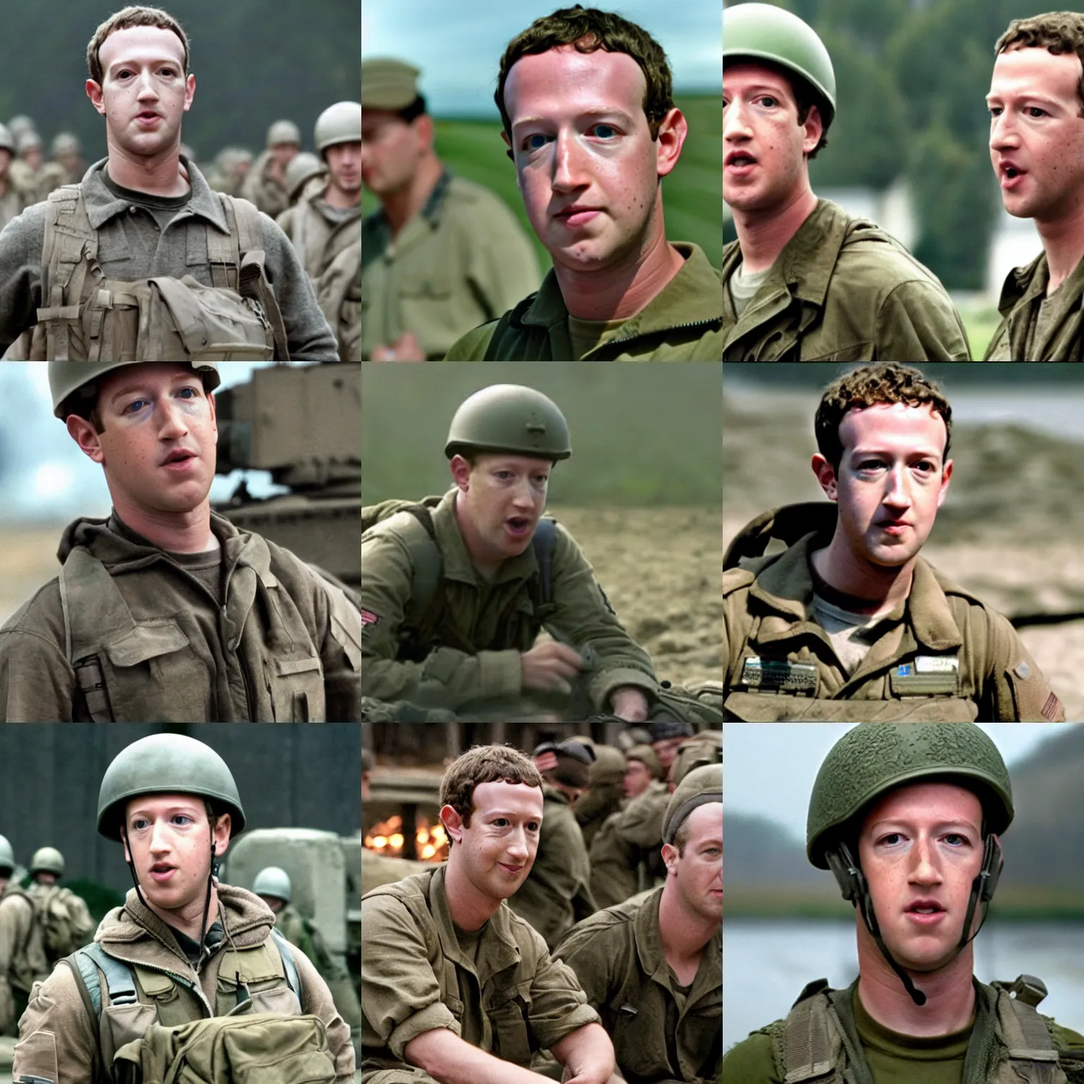 Prompt: Movie still of Mark Zuckerberg in Saving Private Ryan